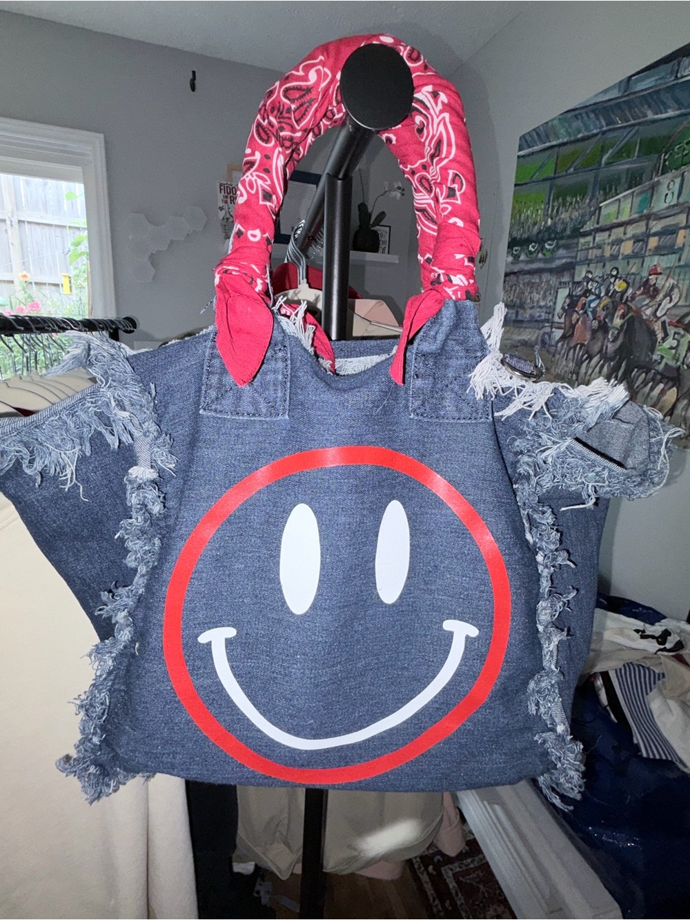 Denim Smiley Tote Bag with Red Bandana Handles